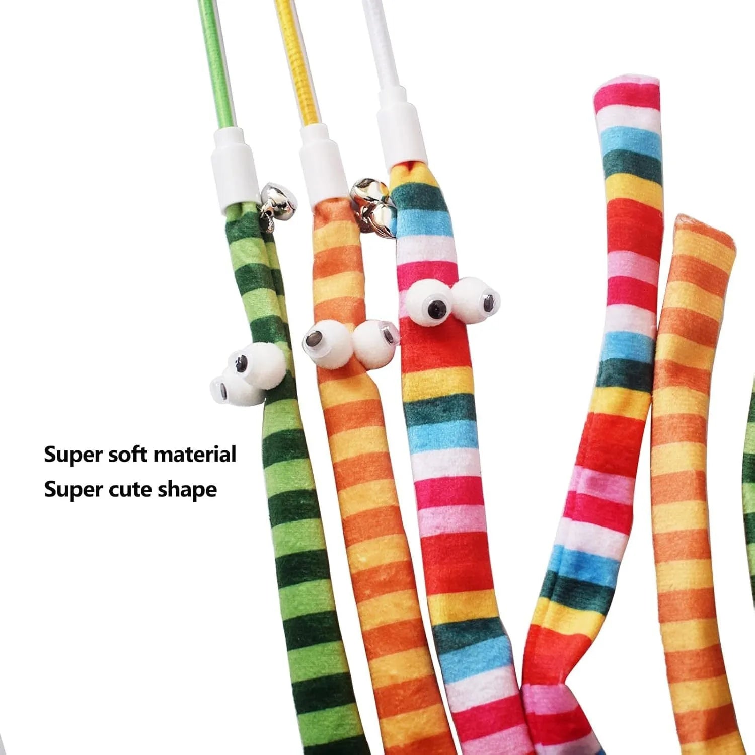 Cat wand toy with long plush strip teaser in green, orange, or rainbow colours.