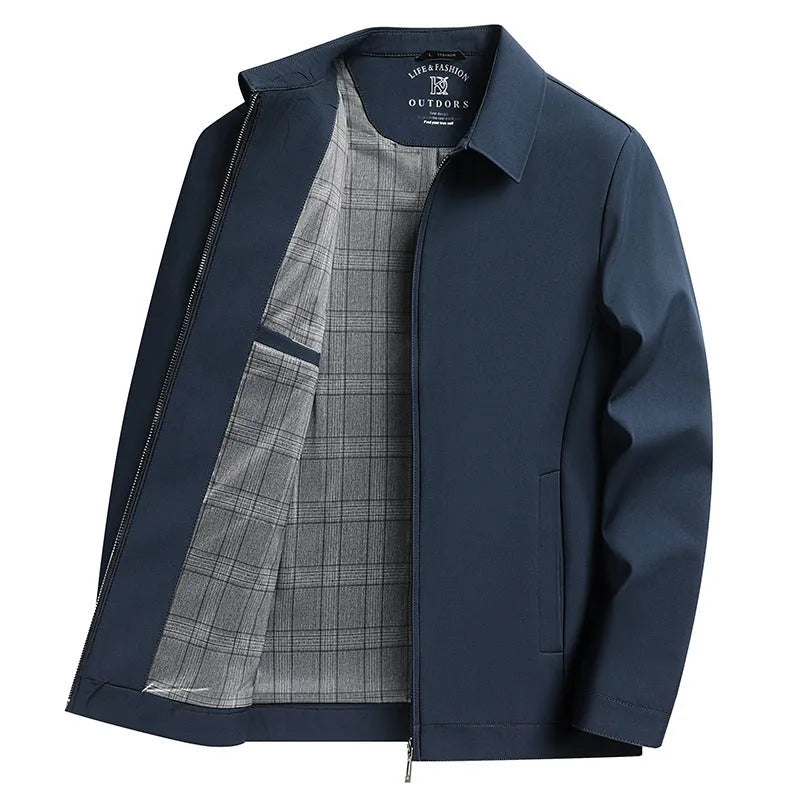 Men's solid colour casual jacket with polo collar and side pockets in khaki, navy, or red.