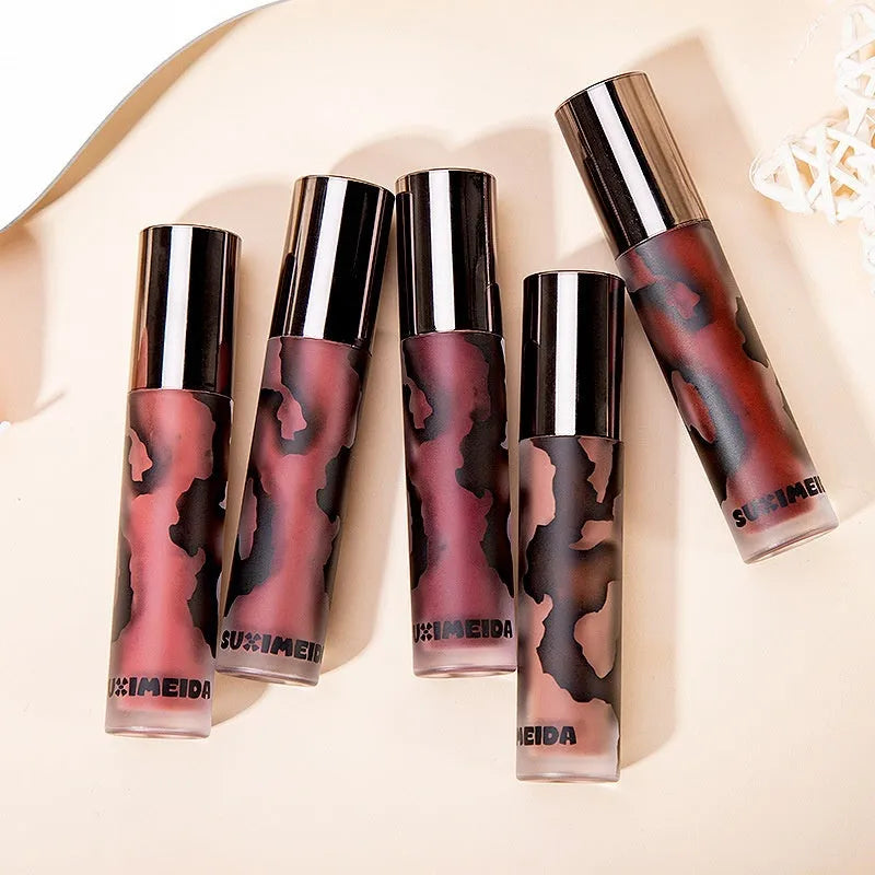 Lava Secret Matte Lip Mud Lipstick bullet in one of five colours: orange brown, cool gray, cinnamon, red, or purple.