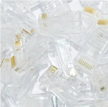 White RJ45 network modular plug with gold-plated three-fork contacts, supplied in 1000-unit bulk pack
