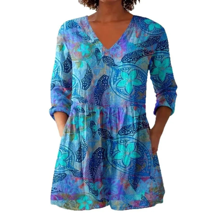 Women's retro slim fit printed long-sleeved top in a digital print design, shown on a model.