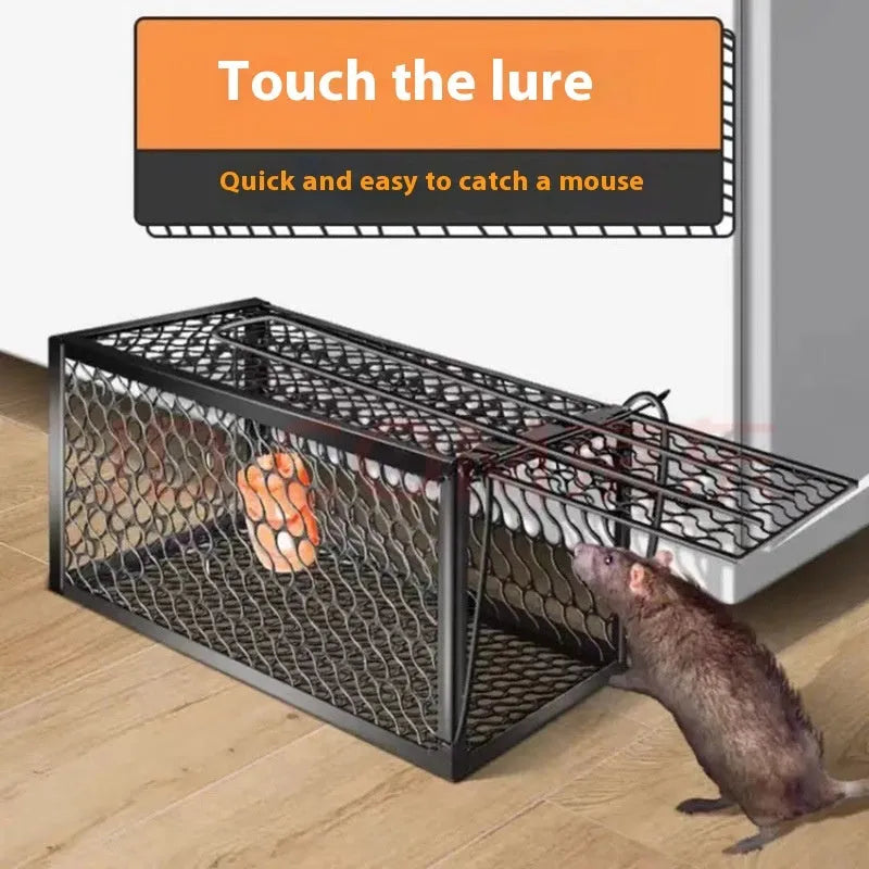 Automatic mouse trap cage for indoor home use in three sizes with metal and plastic construction