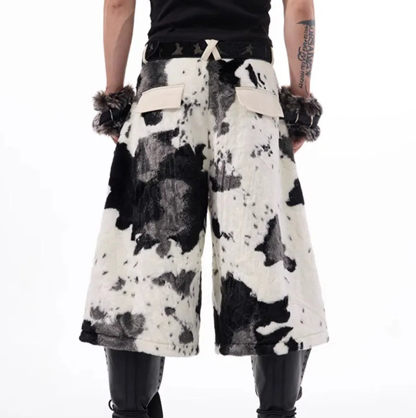 Women's milk fibre cropped trousers with stitched fur detail in a printed pattern colour.