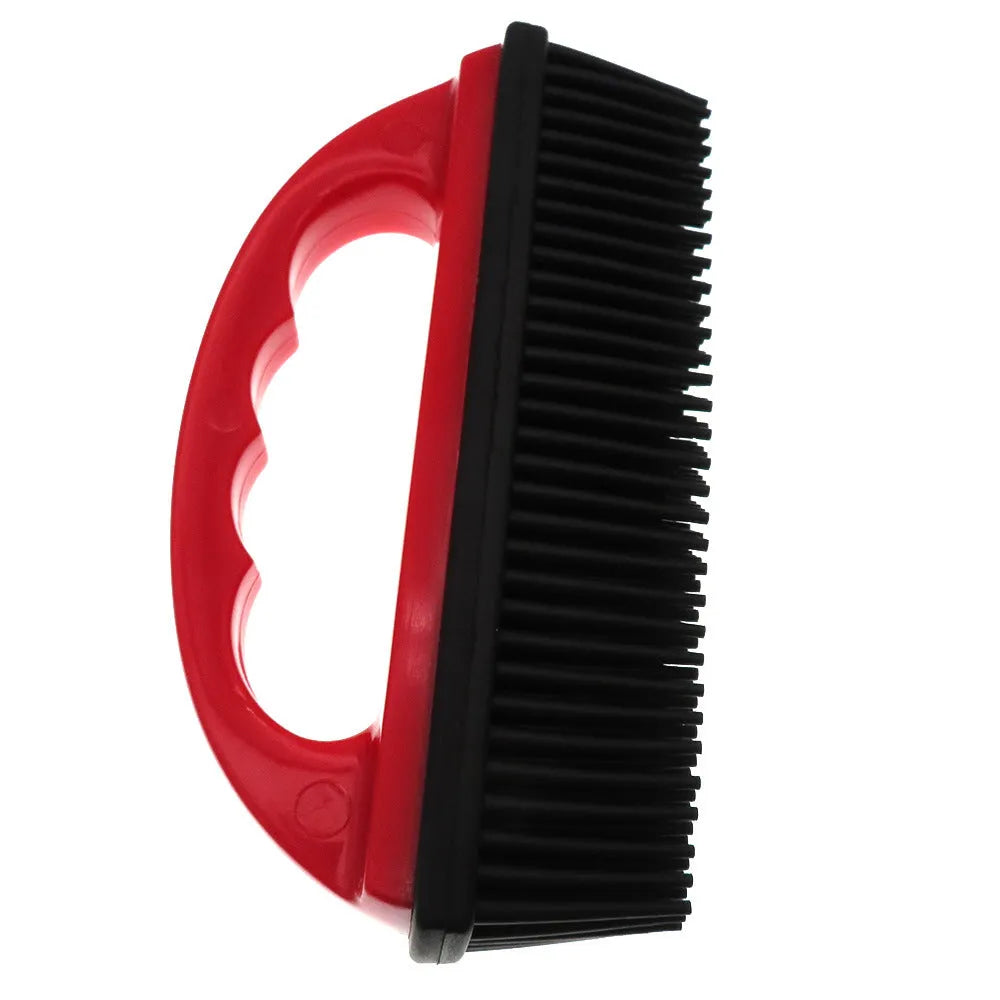 Red curved-handle pet hair removal brush for bath massage and carpet cleaning.