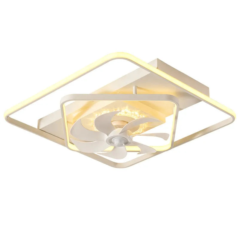 Modern minimalist ceiling fan with integrated acrylic light fixture, 110cm wide.