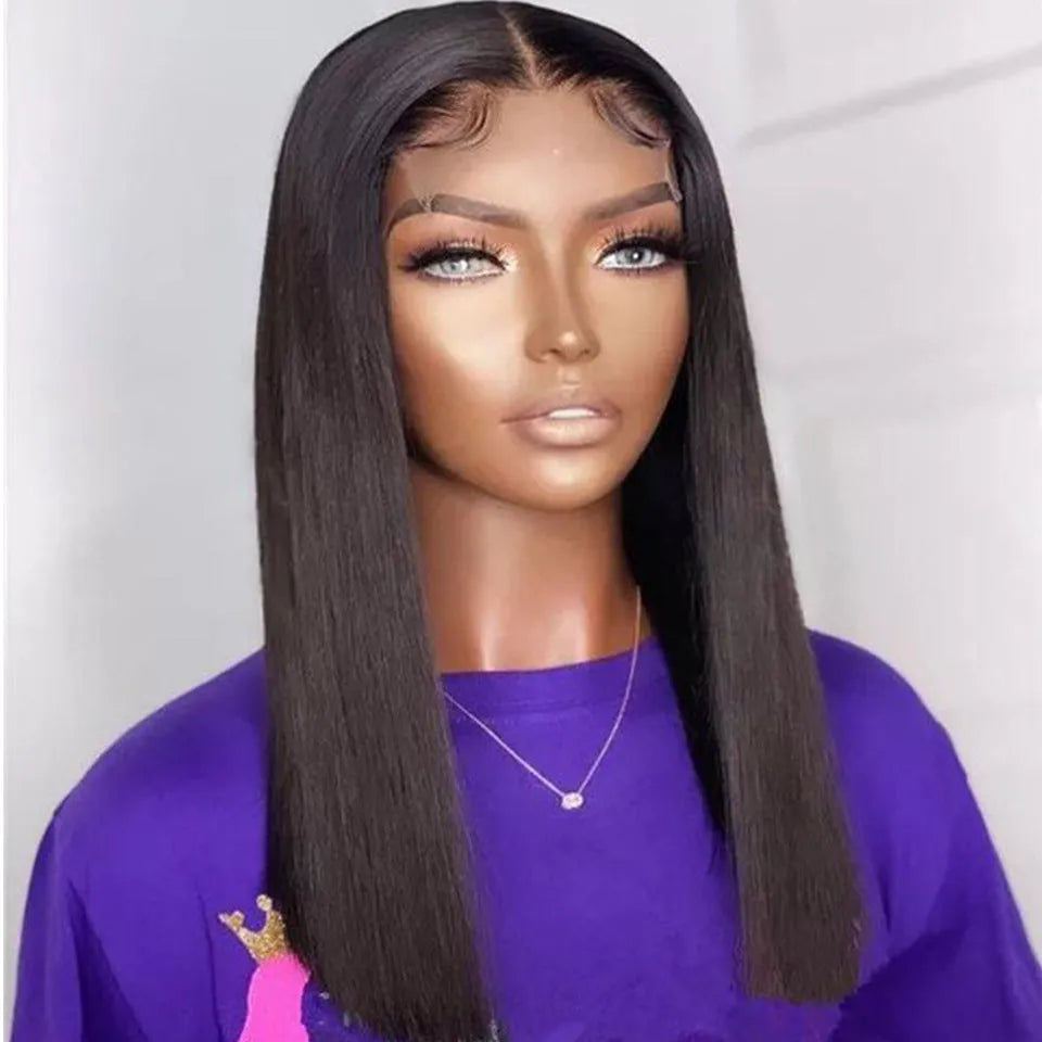 Double drawn bone straight human hair wig in black, 16 inch model length, made from Chinese human hair