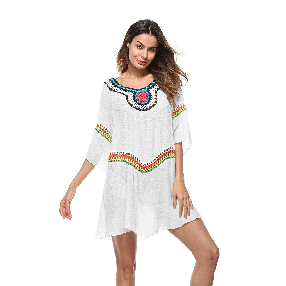 Crocheted ethnic style beach sun protection cover-up for women in acrylic fabric