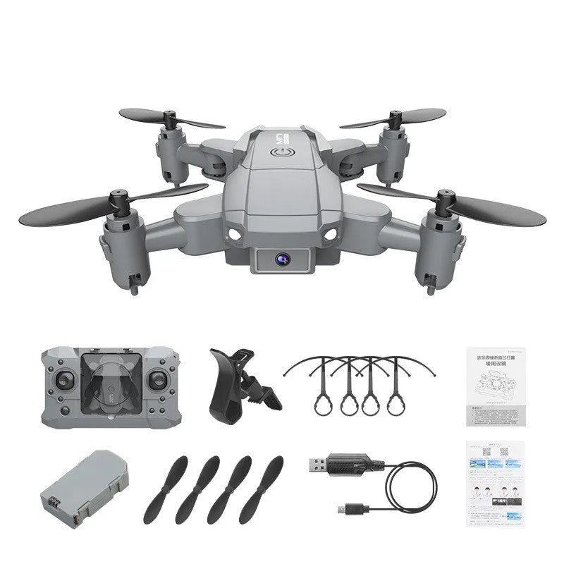 Mini four-axis drone with alloy body, folded size 6 x 7.5 x 3 cm, shown with remote control and protective rings