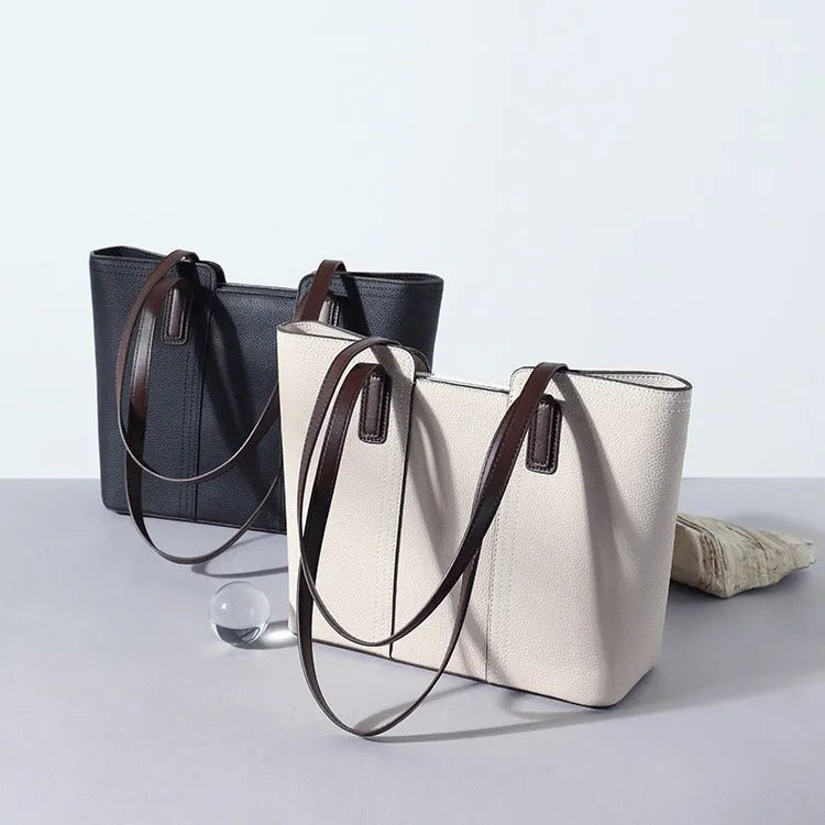 Genuine leather women's commuter shoulder bag in box-type design with large capacity and internal phone pocket