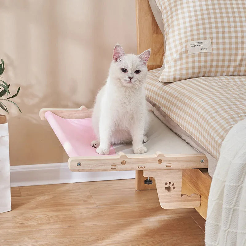 Wooden cat hanging bed hammock in one of seven style options for balcony or window placement