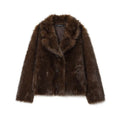 Brown women's faux fur effect jacket with faux fur collar, long sleeves, 50cm length, sizes XS-L.