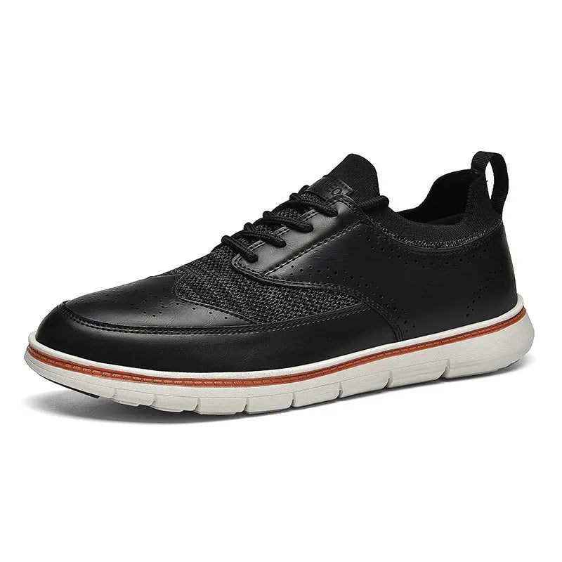 Men's British style casual leather shoes black low top round toe artificial PU upper