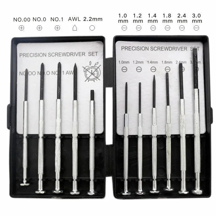 TH-6177 11-piece clock repair screwdriver set with cross and slotted heads on a grey background.