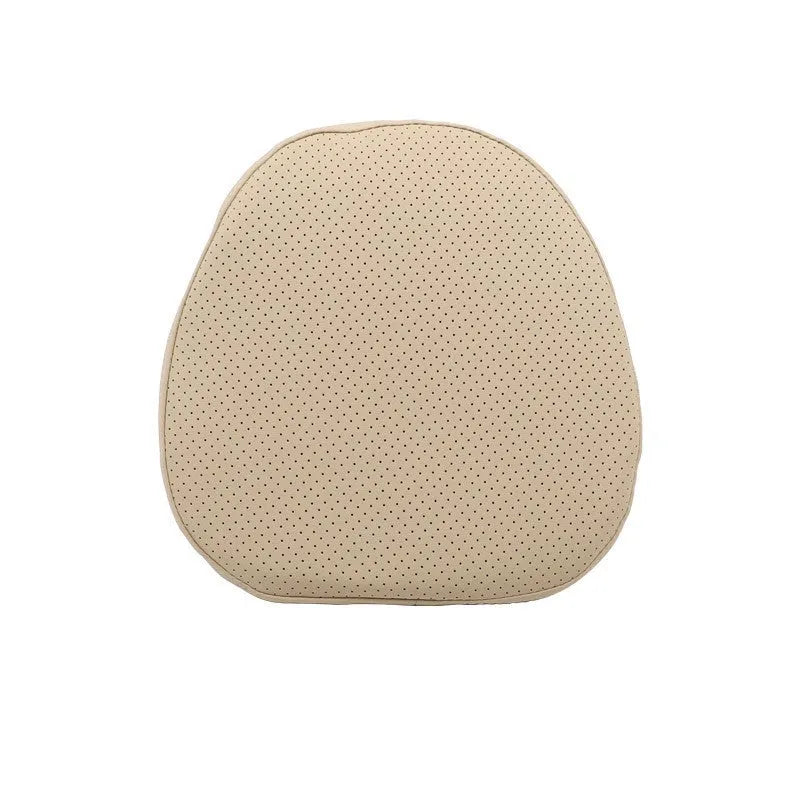 Minimalist brown car headrest with integrated neck pillow and lumbar support cushion.