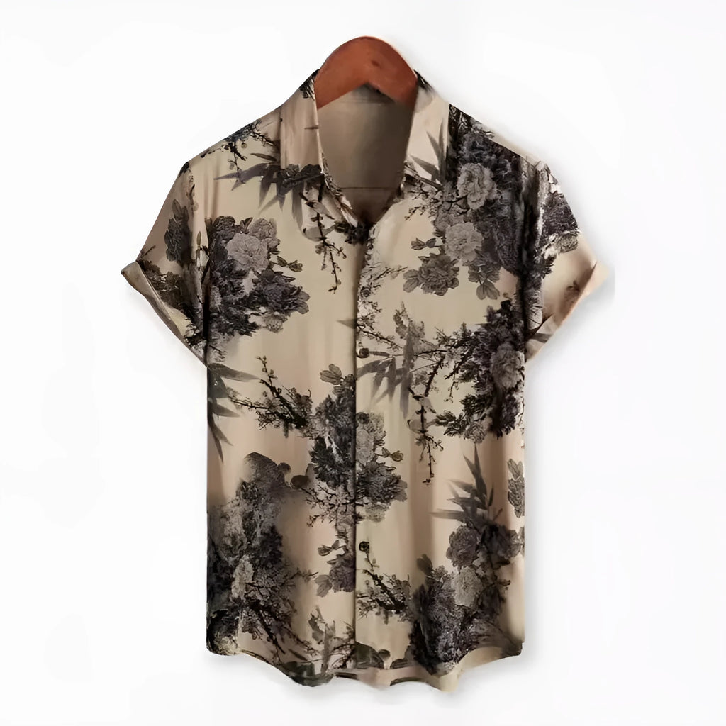 Men's Hawaiian print short sleeve shirt with lapel collar in floral pattern digital printed on elastic polyester fabric