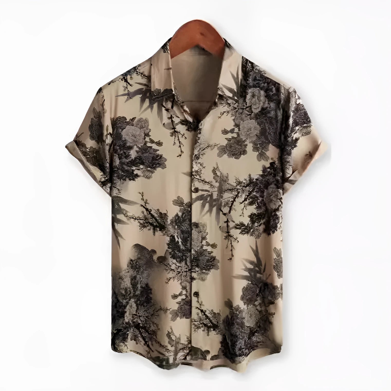 Men's Hawaiian print short sleeve shirt with lapel collar in floral pattern digital printed on elastic polyester fabric