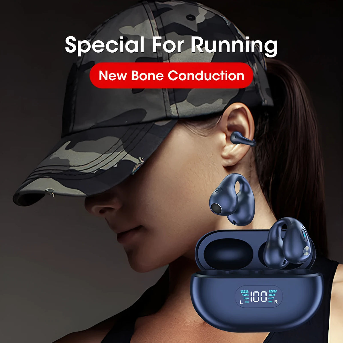 Q80 bone conduction Bluetooth headset ear clip in black with power display