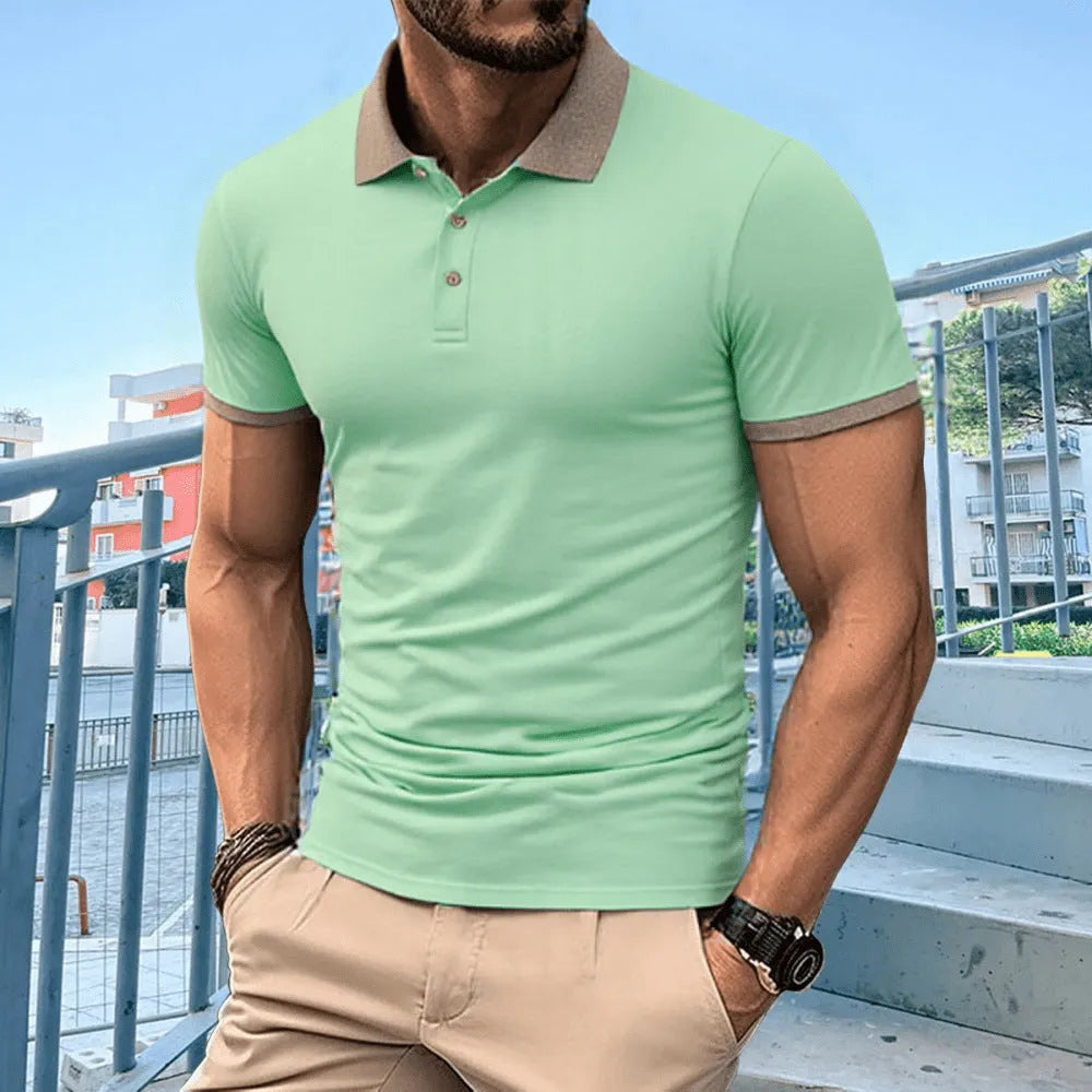 Men's summer polo shirt with short sleeves, lapel collar, flocking print detail, ice silk polyester fabric, in six colours.