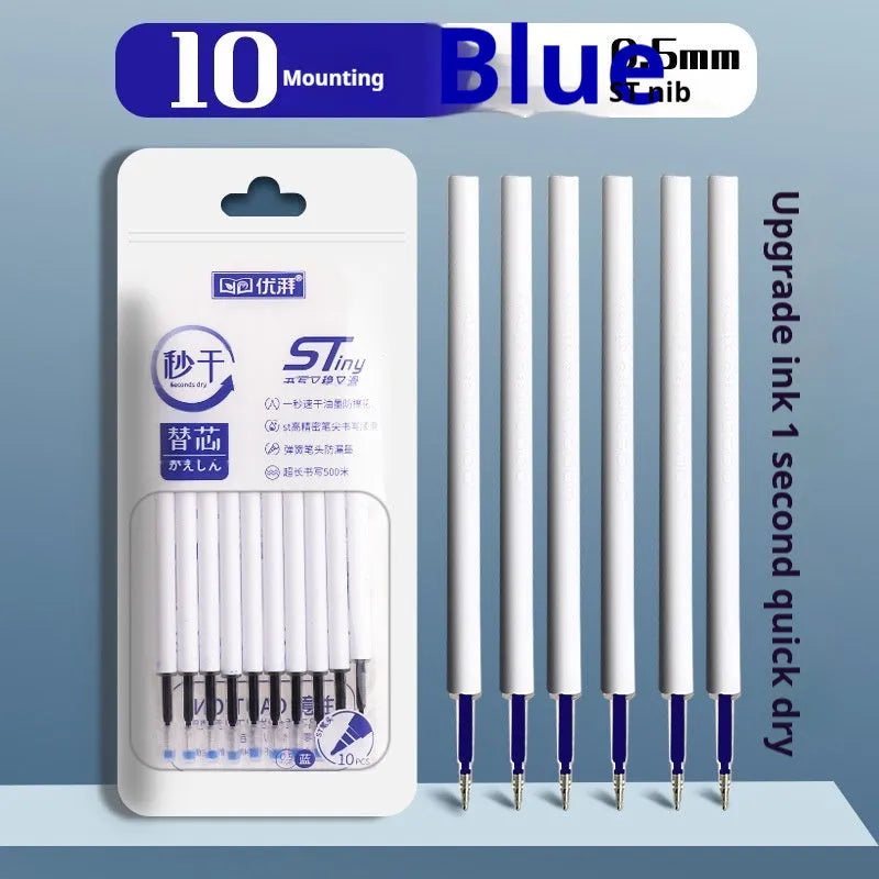 Pack of 10 quick-drying pen refills in black, red, blue, and ink blue colours for 500m writing.