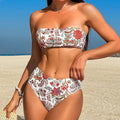 Women's printed bandeau swimsuit two-piece set with matching shorts on a white background.