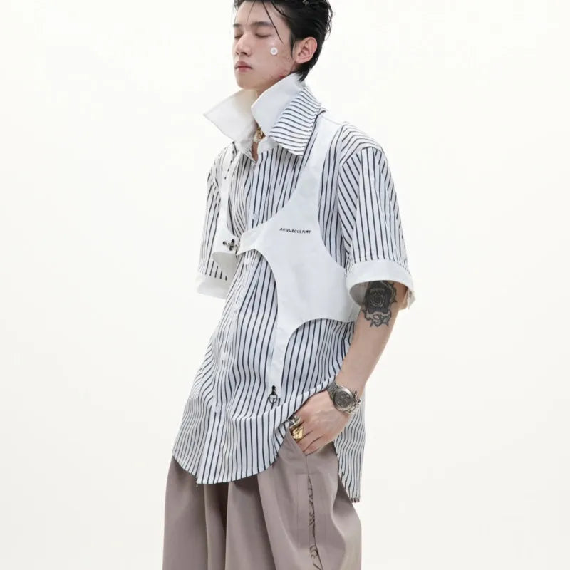 Men's black and white striped cotton shirt with double collar design, short sleeves