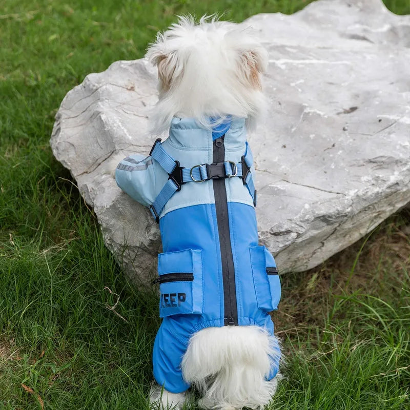 Autumn winter dog raincoat for small medium dogs windproof waterproof four-legged cotton coat with reflective stripes blue colour
