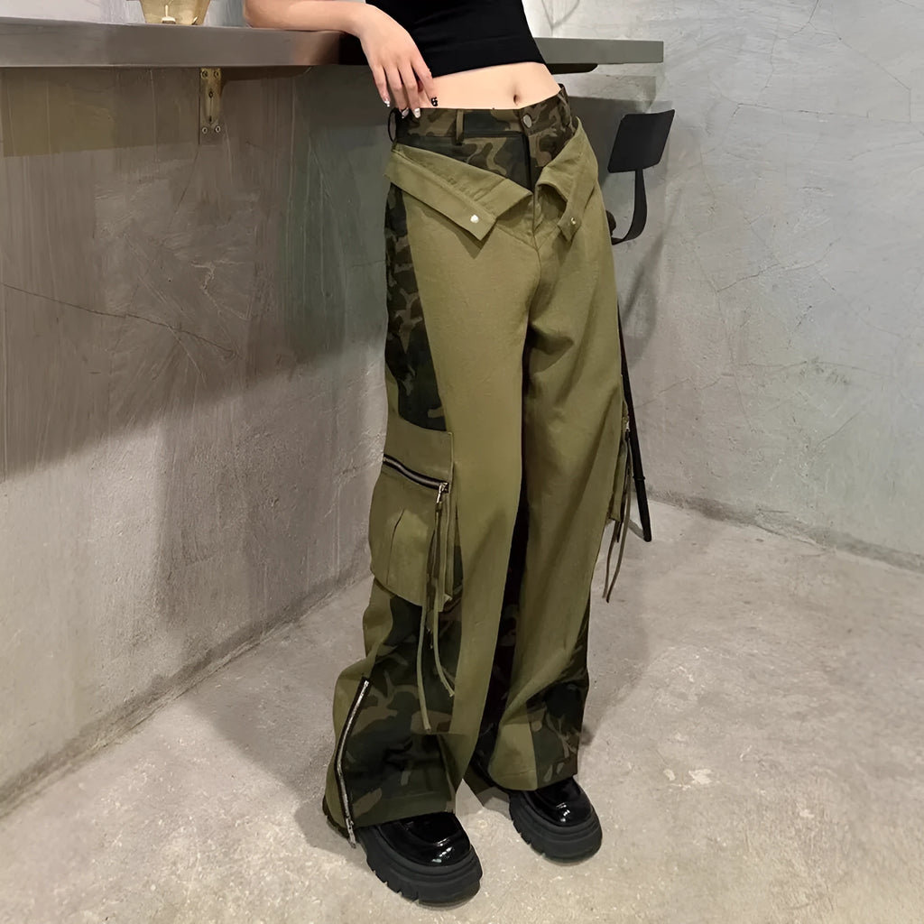Dark khaki leopard print high waist jeans with fake stitching detail and straight leg cut