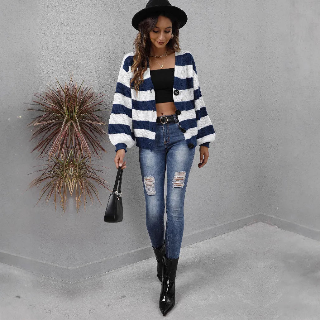 Women's striped deer plush cardigan in blue, button-front, loose street fashion fit.