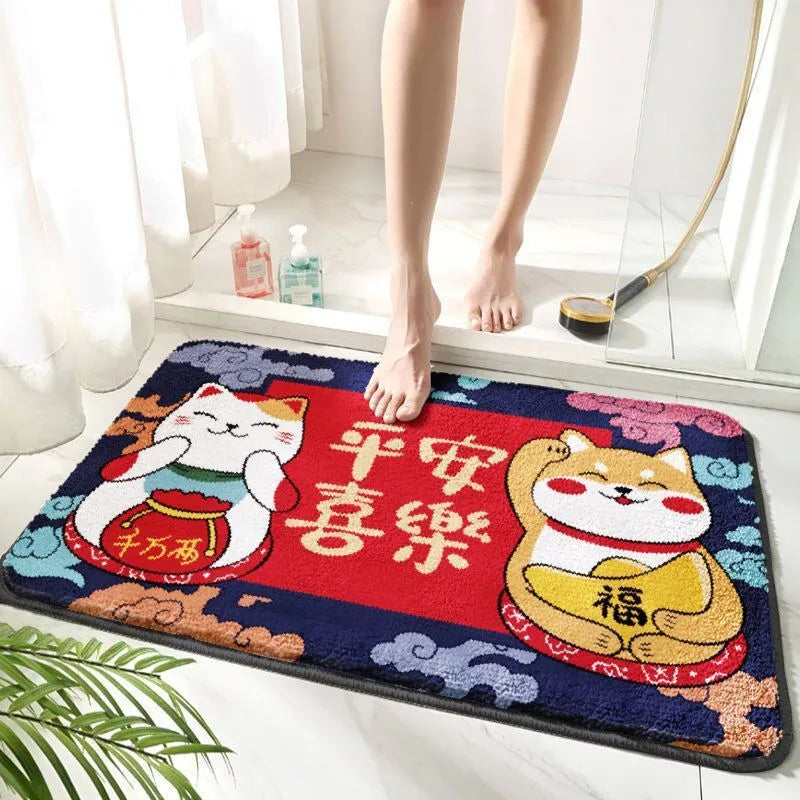 Cartoon non-slip bathroom mat with fountain whale pattern in polyester fibre