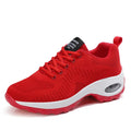 Red and black women's round toe lace-up mesh sneakers with low top and mid heel on PU sole