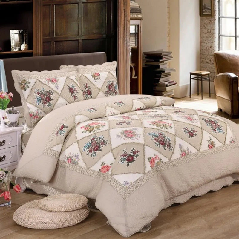 Pure cotton quilted bedspread three-piece set showing bed cover and pillowcases