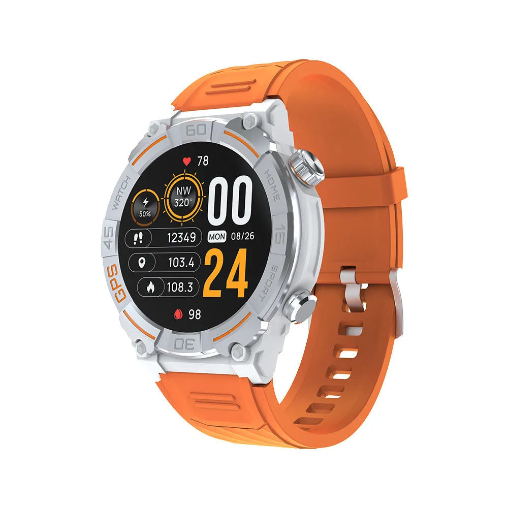 MG02 smart watch in Black, Khaki, or Silver Orange colours showing its TFT screen and strap.