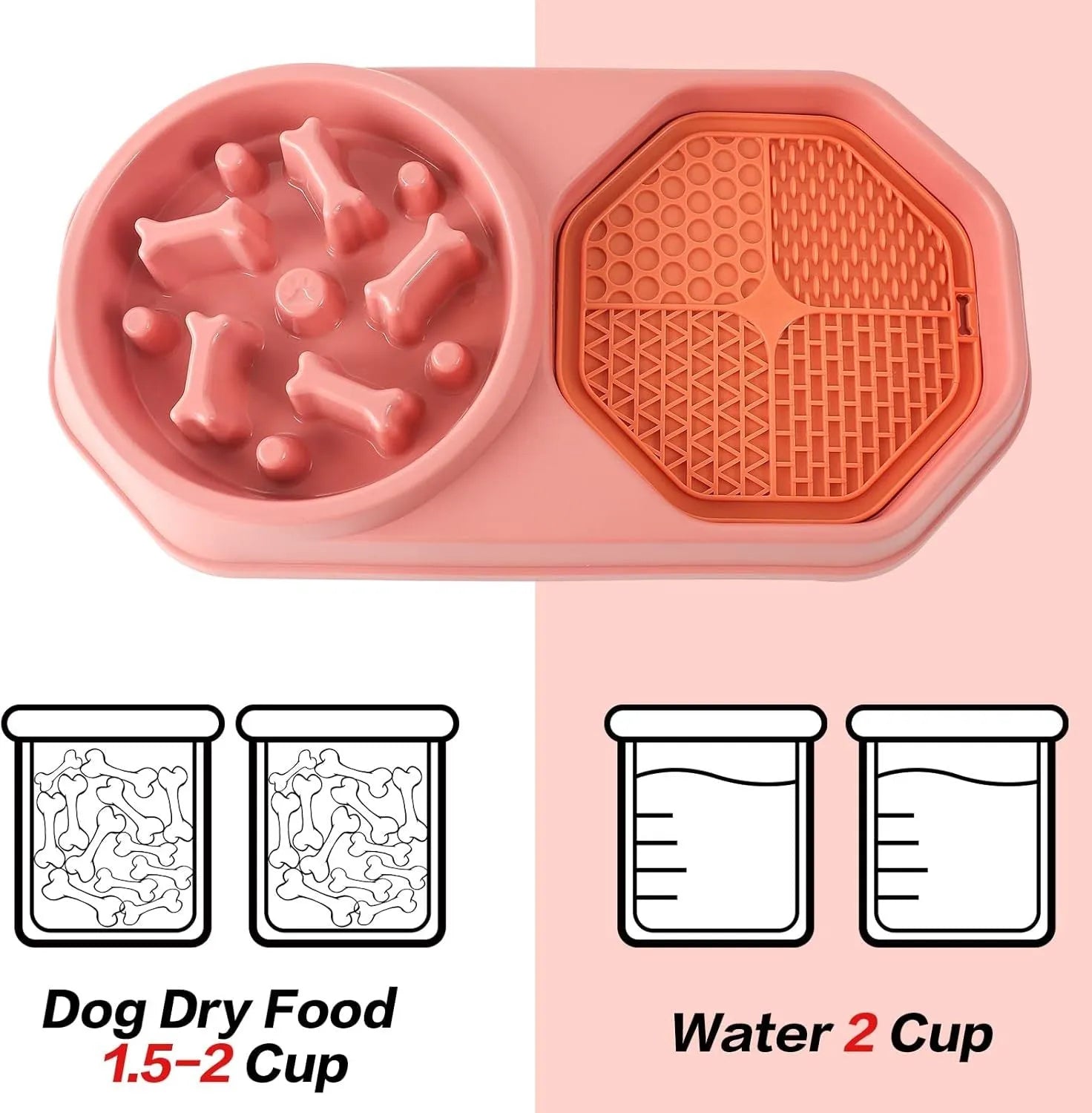 Blue slow feeder dog bowl with maze pattern for anti-gulping, shown with four non-slip pads.