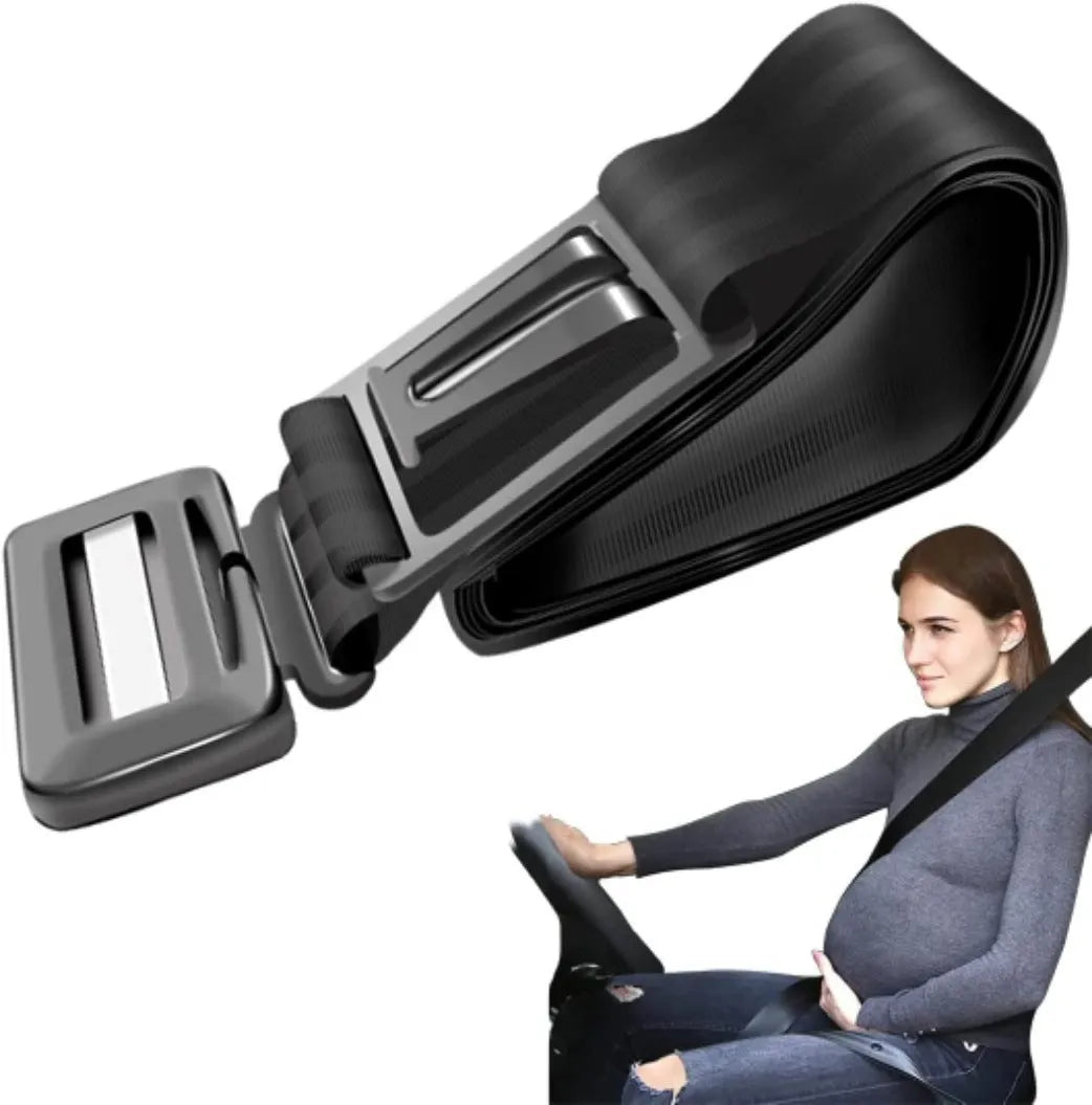 Pregnant women's adjustable car seat belt support in black with press-stud buckle, shown wrapped around a car seat.