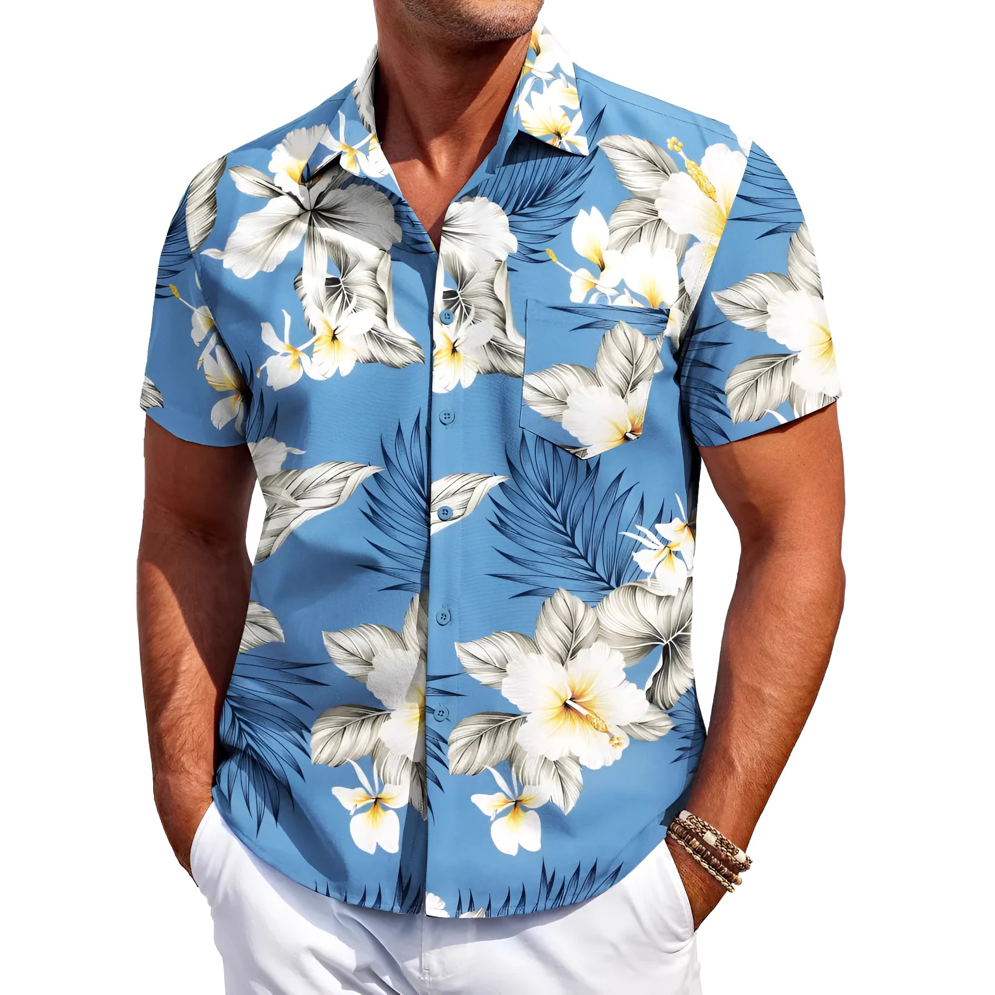Men's slim fit Hawaiian short sleeve shirt in solid colour with cardigan styling