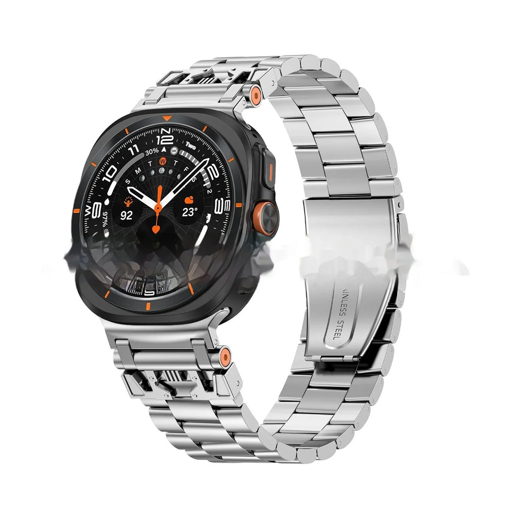 Samsung metal watch strap with three steel band armour design in Black, Starlight, or Silver