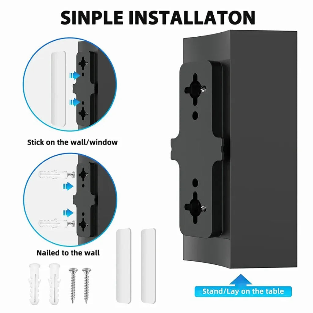 Black plastic indoor digital television antenna with mounting screws and adhesive tape