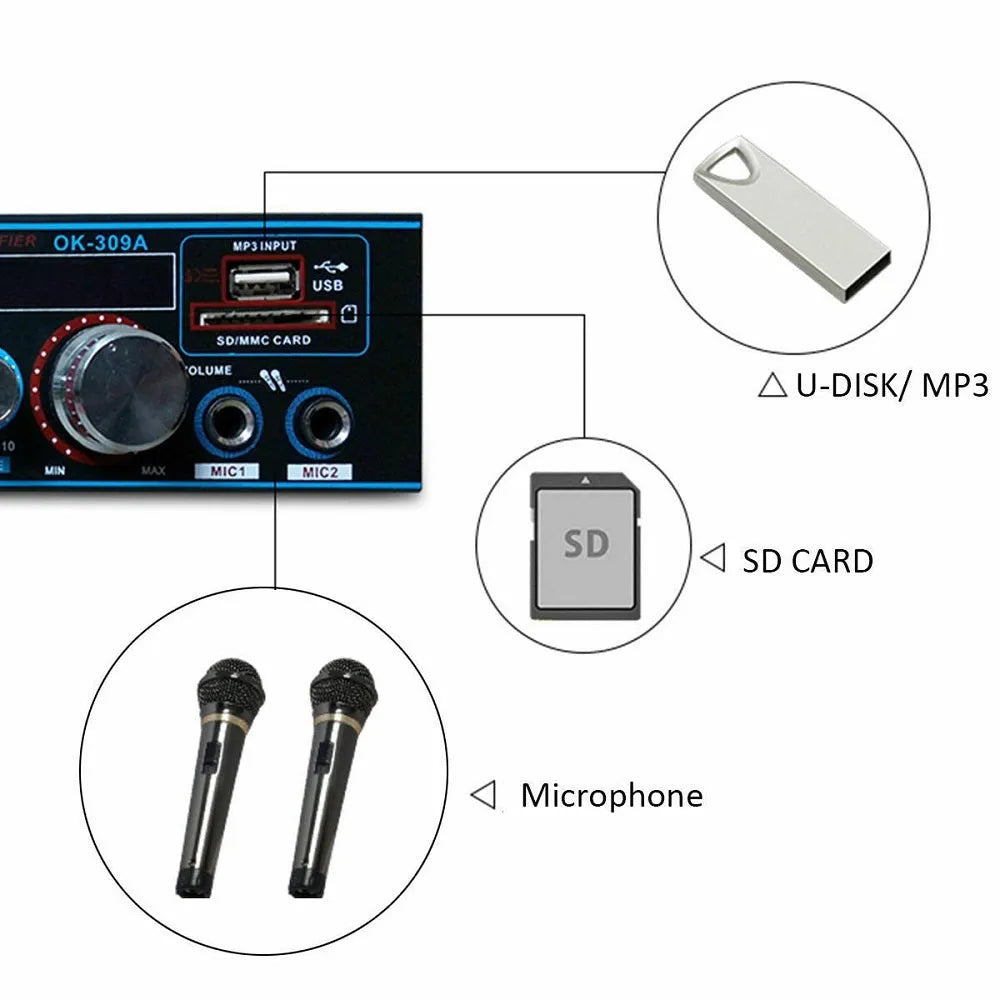 Black BT-309A-A Bluetooth power amplifier with recording function for home and car use