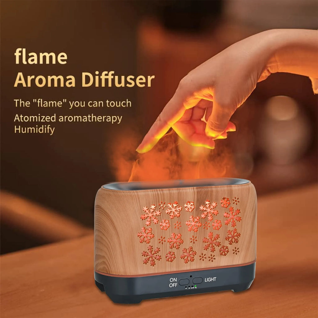 Square desktop humidifier with snowflake wood grain pattern and colourful flame effect illumination