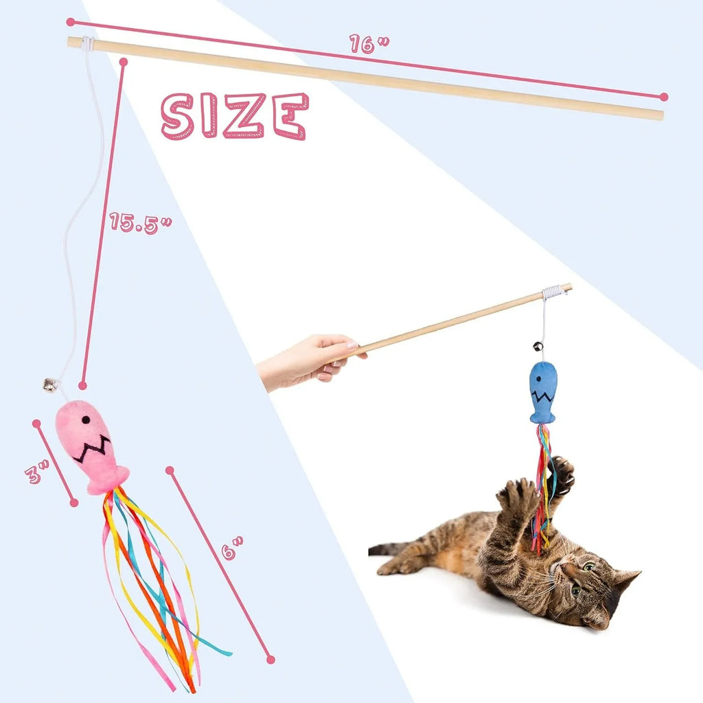 Colourful cat wand toy with ribbons, catnip fish, bell, and wooden handle.