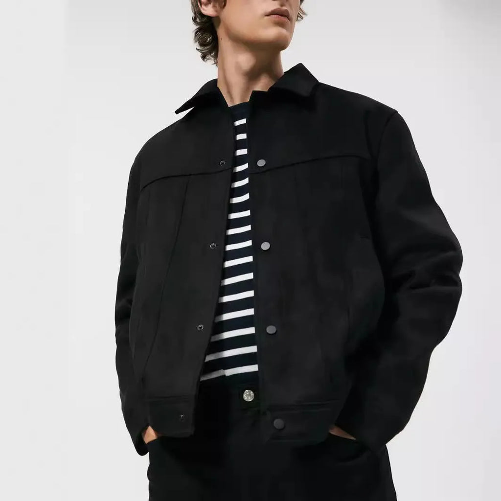 Black men's hooded jacket with a suede collar and side pockets.