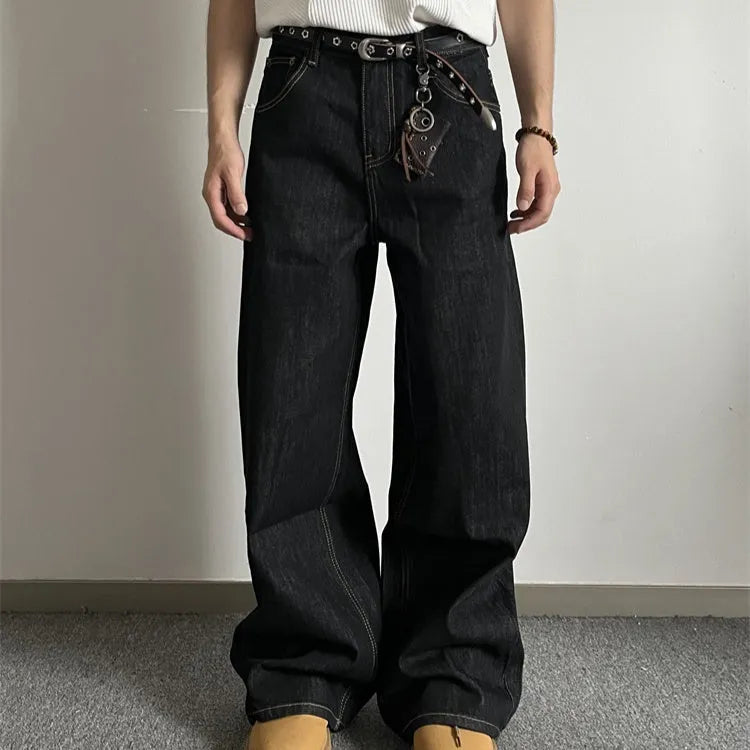 Black retro loose wide-leg jeans with straight-leg design on mannequin