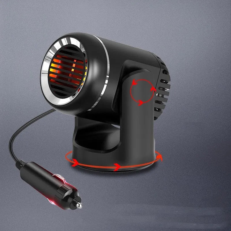 Black and white 12V compact car heater with power cord for defrosting and providing hot or cold air.