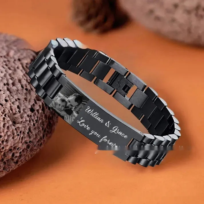 Men's titanium steel lettering bracelet with heart shape design in black or grey colour option