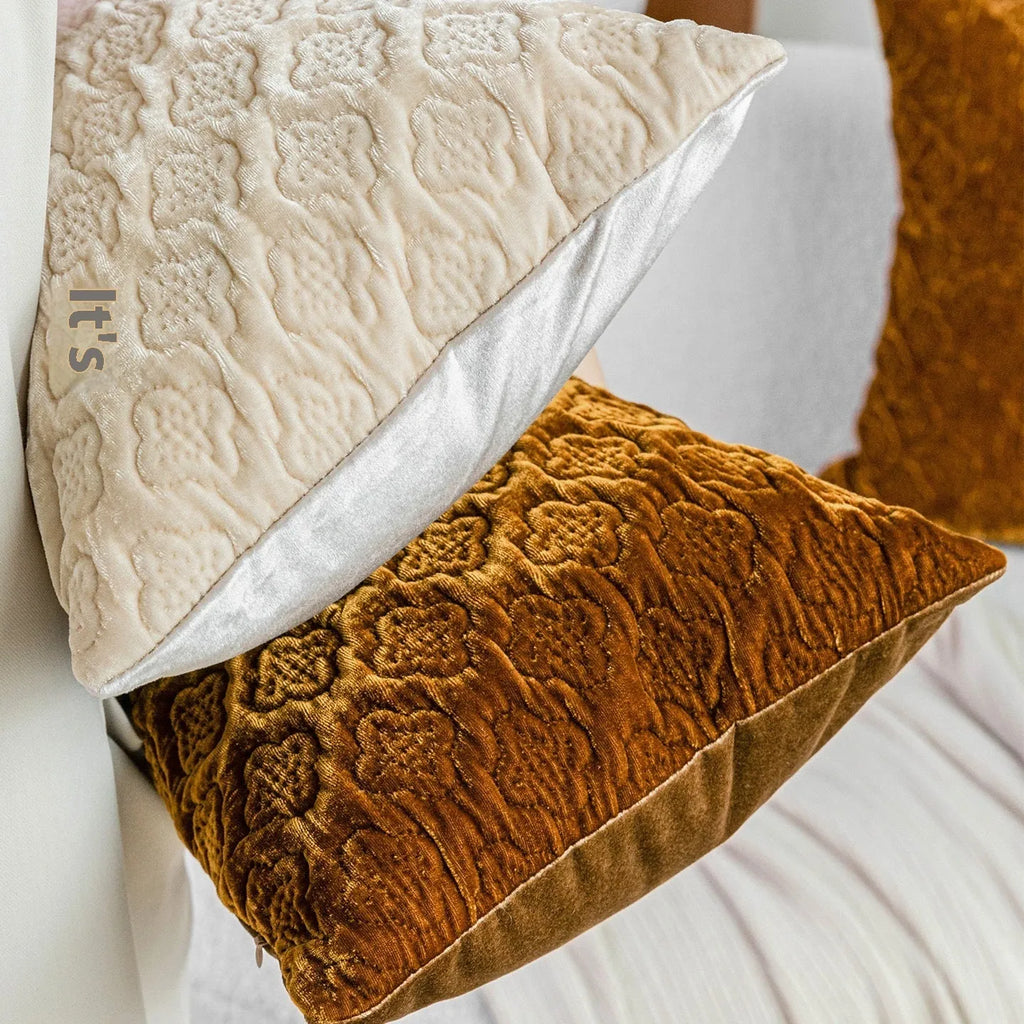 Brown gold antique Chinese style quilted cotton cushion pillow showing three-dimensional pattern