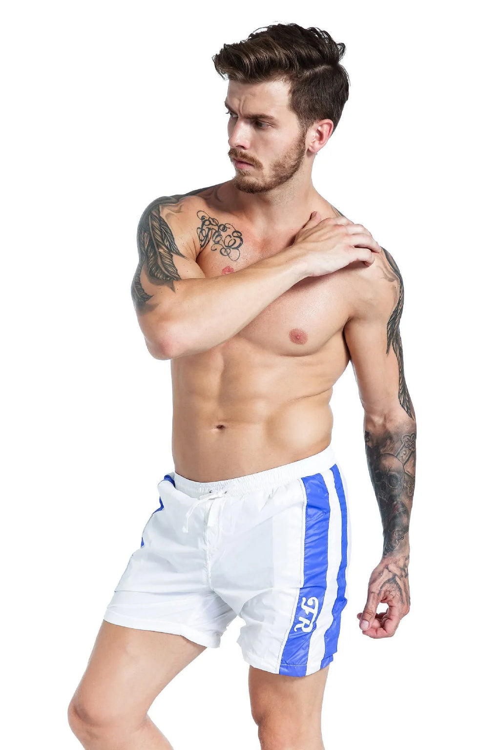 Men's blue lace-up sports shorts with slim fit and padding detail on a plain background.