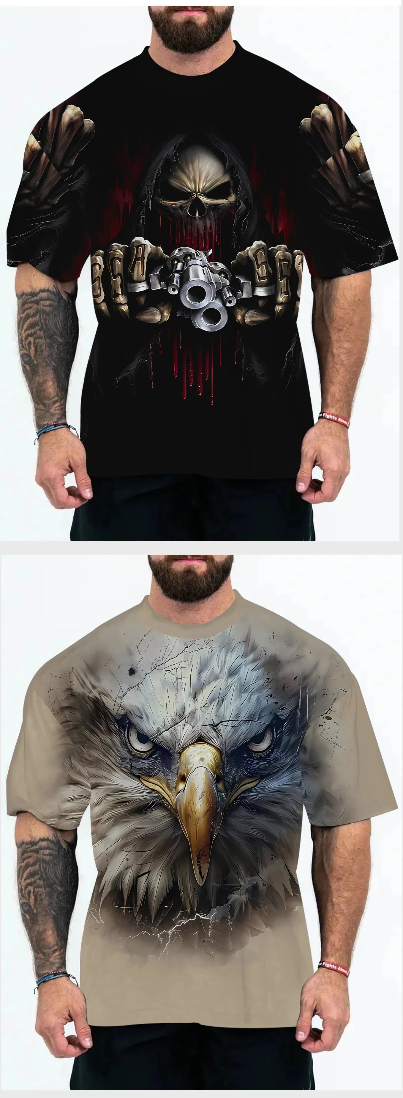 Men's loose fit graphic t-shirt with coloured letters or eagle head design in chemical fibre blend fabric