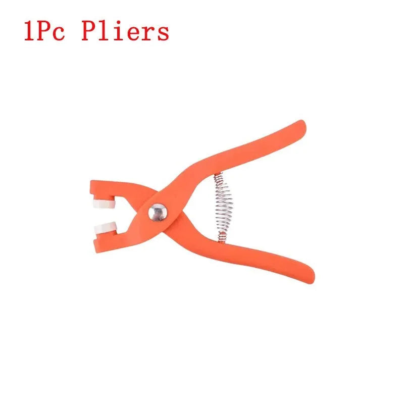 Stainless steel five claw no-sew clothing button and application pliers for children's garments.