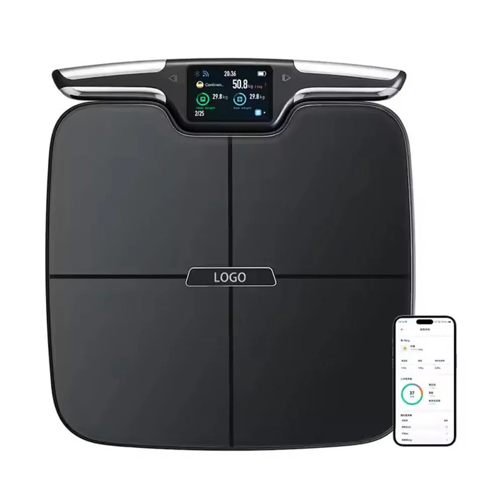 Black eight-electrode intelligent body fat and health monitoring scale on a floor.