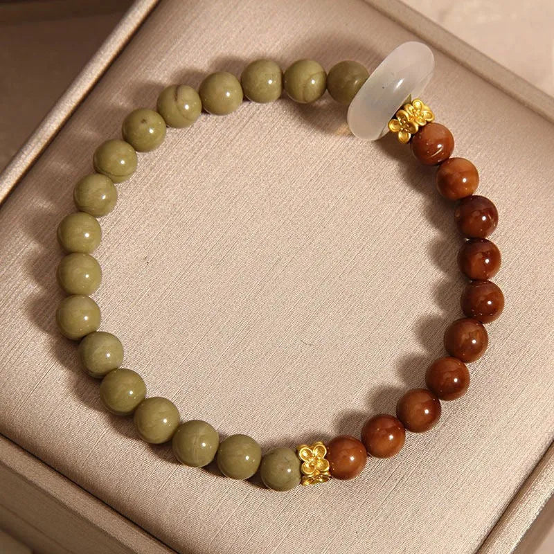 New Chinese style gradient green bracelet for women with mixed materials and electroplated crown and geometric design